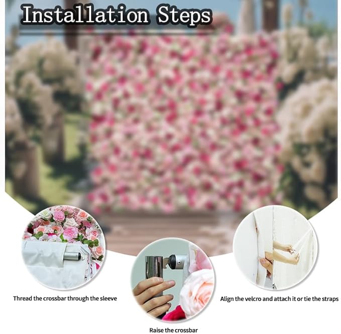 8x8ft(2 pcs of 4ftx8ft) Artificial Silk Fabric Flower Wall Cloth-Based Background 5D Pink Rose Fabric Rolling Up Floral Backdrop for Wedding Baby Shower Party and Home Decor