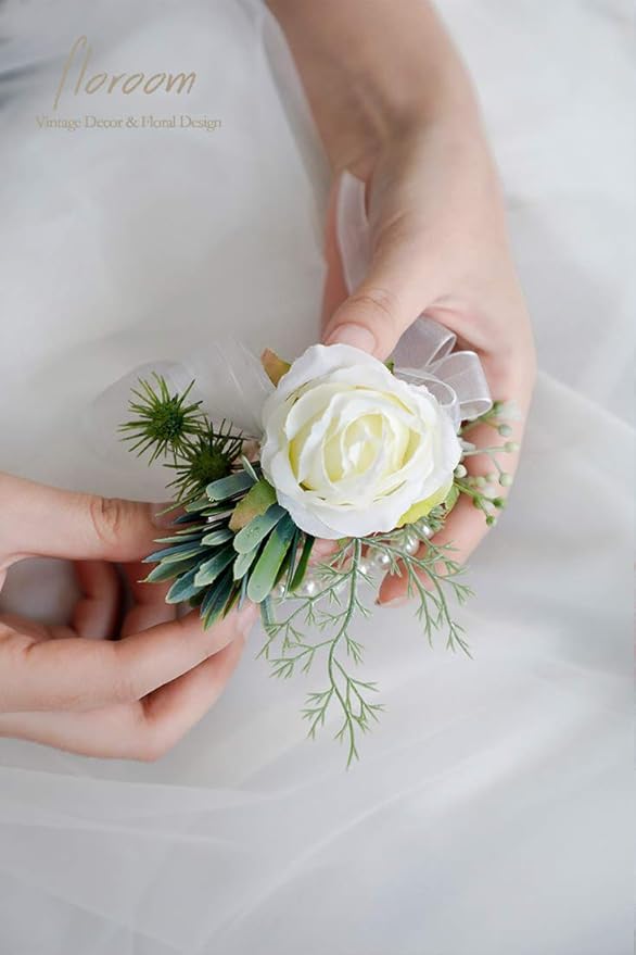 Floroom 3pairs Ivory Rose Wrist Corsage Wristlet Band Bracelet and Men Boutonniere Set for White Wedding Prom