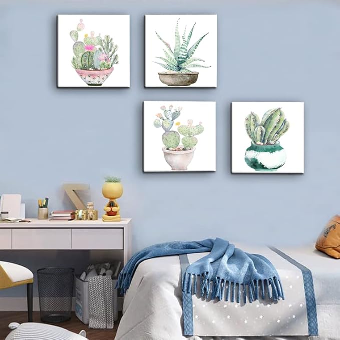 Succulent Plants Bathroom Decor Wall Art, Green Cactus Pictures Canvas Print, Botanical Paintings for Bedroom Living room Office Decoration - 16" X 16"