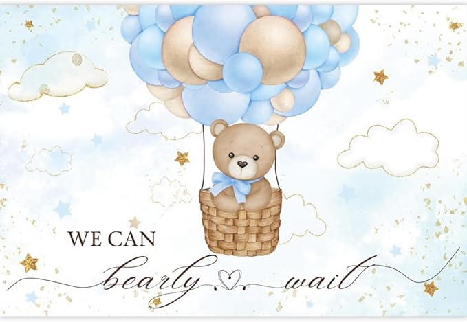 ChloropLastid We Can Bearly Wait Baby Backdrop Boy Bear Hot Air Balloon Baby Shower Photography Background Blue Balloons Clouds Stars Baby Party Cake Photo Decoration 10x8ft