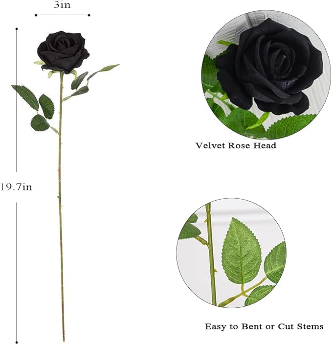 Artificial Roses 12PCS Velvet Rose Real Touch Long Stem Fake Flowers for Floral Arrangement Bridal Wedding Home Party Decor (Black)