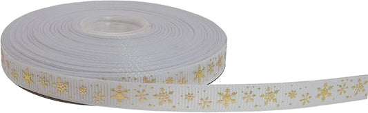Gold Printing Snowflake Grosgrain Ribbon 25 Yard Each Roll 100% Polyester Woven Edge (3/8", White)