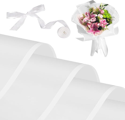 Kosotody 20 Sheets Frosted Flower Wrapping Paper White Line Waterproof Florist Bouquet with Ribbon for Bouquets DIY Crafts Packaging Bouquet, 22.8x22.8 inch (White)