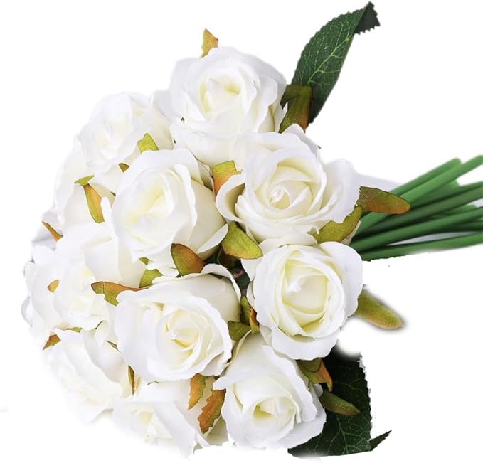 12pcs Artificial Roses Single Stem Fake Silk Flower Arrangement Bridal Bouquet Real Touch for Home Party Wedding Decoration Without Vase (White)