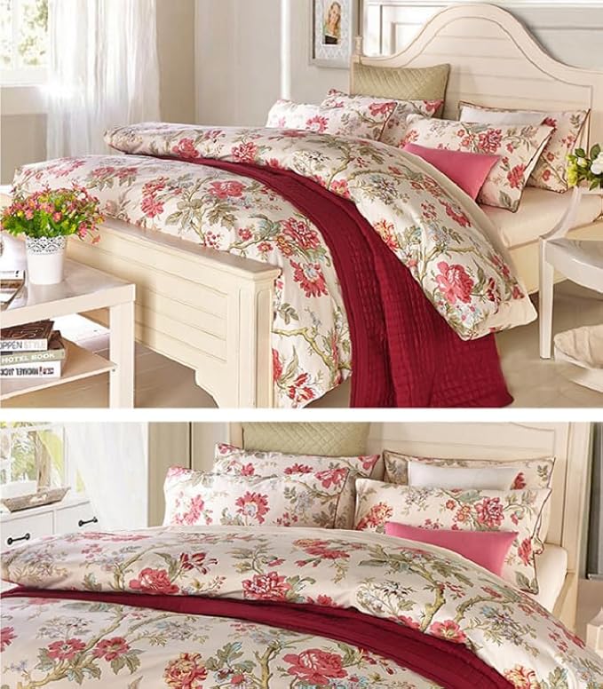 LifeTB Garden Style Floral Duvet Cover Queen Vintage Red Flower Green Leaves Pattern Boho Duvet Cover Aesthetic Flower Bedding Set Farmhouse Cotton Comforter Cover Botanical Bedding Cover Queen