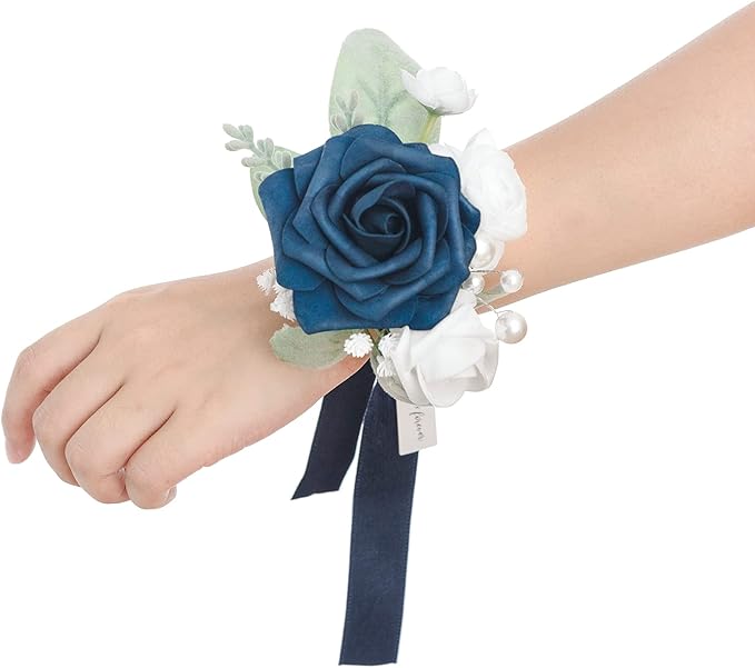 Ling's moment 6pcs Wedding Wrist Corsage Artificial Flowers, Girl/Mother Homecoming Prom Corsages Wristlet Décor, etc. Navy Blue Dark Navy