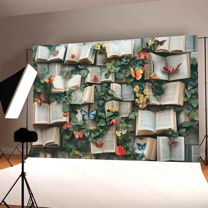 7x5ft Flowers Bookshelf Backdrop Vintage Bookshelf Backdrop for Photography Rustic Flower Party Background Adults Baby Shower Portrait Photo Studio Background Props KUBYW002