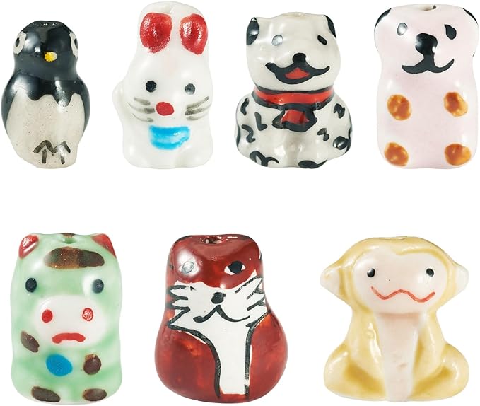 Beadthoven 7Pcs Animals Ceramic Beads, Assorted Printed Handmade Porcelain Beads Colorful Pattern Cow Rabbit Dog Penguin Loose Craft Spacers for DIY Crafts Bracelet Earring Necklace Jewelry Making