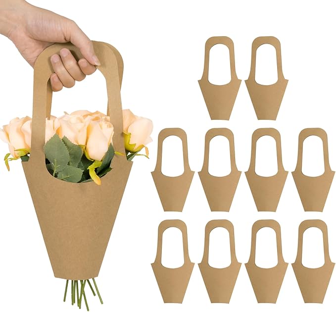 Cyblinia 25 Pack Paper Flowers Gift Bags Flower Bouquet Bags with Handle Flower Wrapping Bags for Wedding,Valentine's Day,Florist Shop Packaging Supplies, Inches, Brown