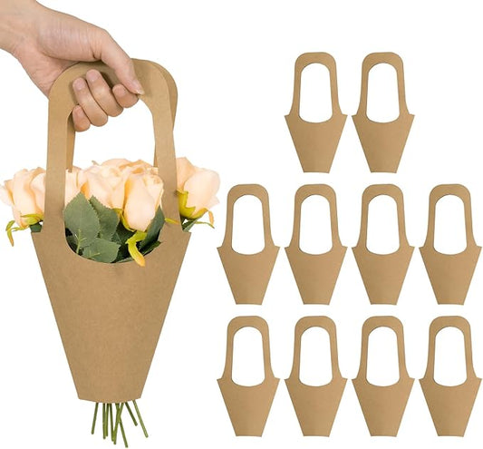 Cyblinia 25 Pack Paper Flowers Gift Bags Flower Bouquet Bags with Handle Flower Wrapping Bags for Wedding,Valentine's Day,Florist Shop Packaging Supplies, Inches, Brown