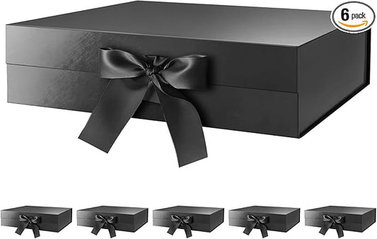 GREEN BEAN 6 Large Gift Boxes with Lids for Presents 13x9.7x3.4 Inches, Black Magnetic Gift Box with Ribbon, Groomsmen Proposal Box, Luxury Gift Boxes (Glossy Black)
