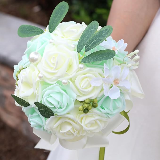 Lightweight Bridal Wedding Bouquet Round Holding Bouquet Throw Toss Artificial Rose Flower Bunch for Bride Bridesmaid Wedding Quinceanera (Cream & Light Cyan, 6.7")