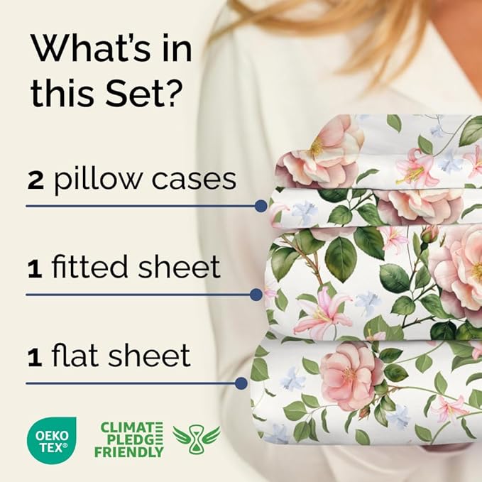 Floral Sheets - Pink Floral Rose Bed Sheet Set - 1 Flat, 1 Fitted & 2 Pillowcases w/ Deep Pockets - Comfy, Wrinkle & Fade Free Boho Botanical Bedding - Ultra-Soft, Breathable & Cooling - Full Size New