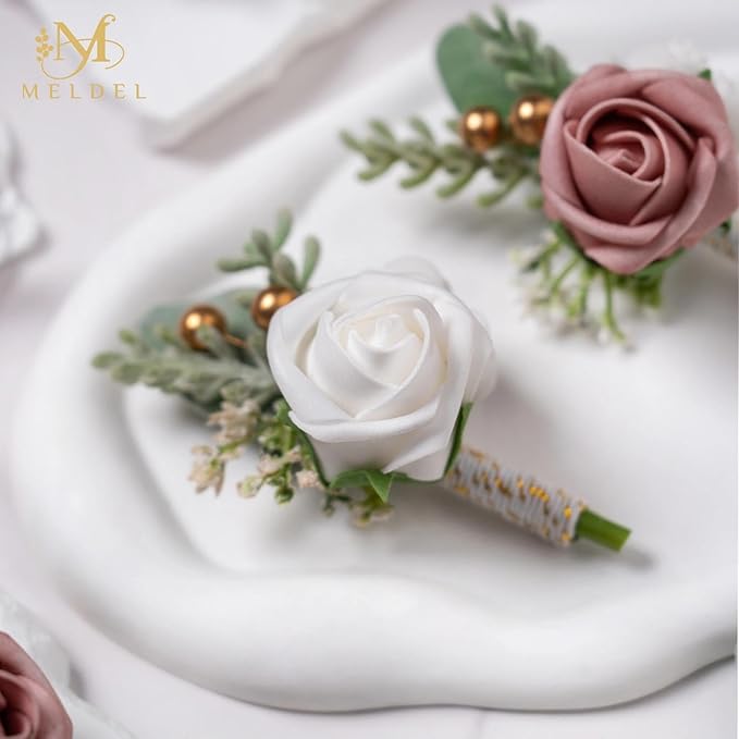 Meldel Pink Boutonniere for Men Wedding,Set of 6,Dusty Rose Groom Groomsmen Boutonniere for Wedding,Prom,Homecoming,Party,etc.