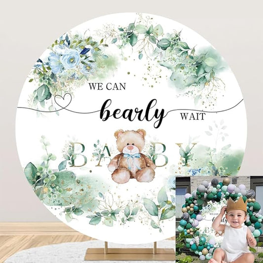 OERJU 7.2x7.2ft Bear Baby Shower Round Backdrop We Can Bearly Wait Lovely Photography Background Green Leaves Floral Circle Backdrop Cover Birthday Gender Reveal Party Decoration Photo Booth Props