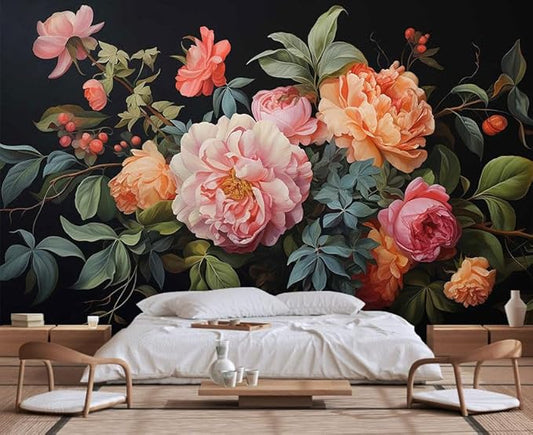Watercolor Seamless Black Background Floral Pattern Wallpaper, Large Wall Background Decorative Wall murals(Non-self-Adhesive)