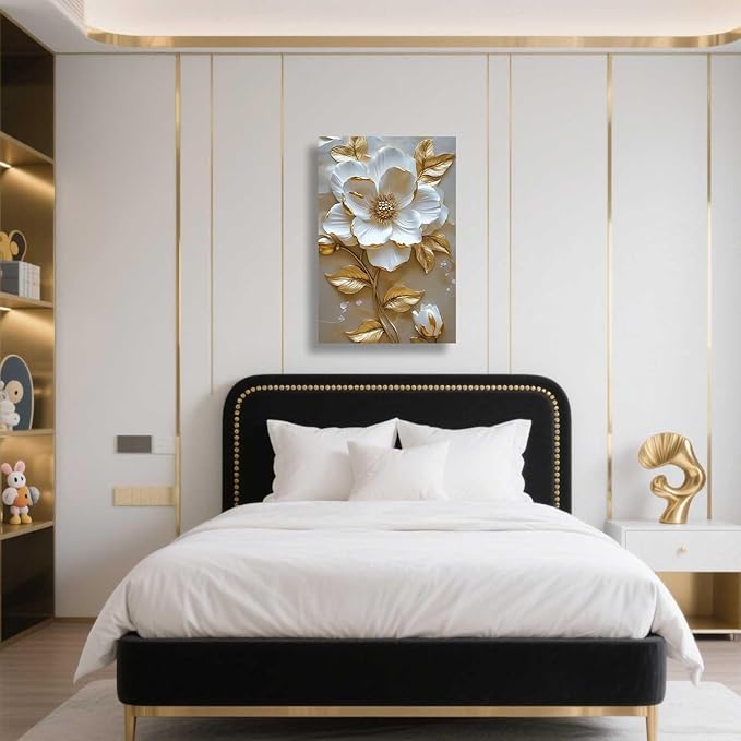 ZSHARTSWD Abstract White & Gold Floral Canvas Wall Art Elegant Flowers Pictures Prints White Flower Golden Leaves Painting Living Room Bathroom Decor Framed (Beige, 20L x 16W)