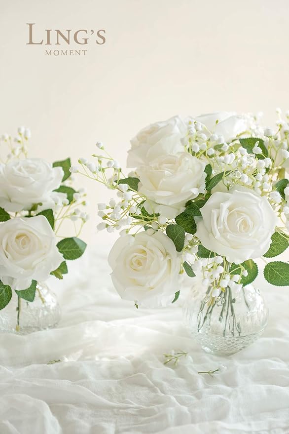 Ling's moment Artificial Flowers 16pcs Ivory Silk Roses with Stems, 3.5" Fake Vendela Roses Bulk for DIY Wedding Bouquets Centerpieces Party Baby Shower Home Decoration