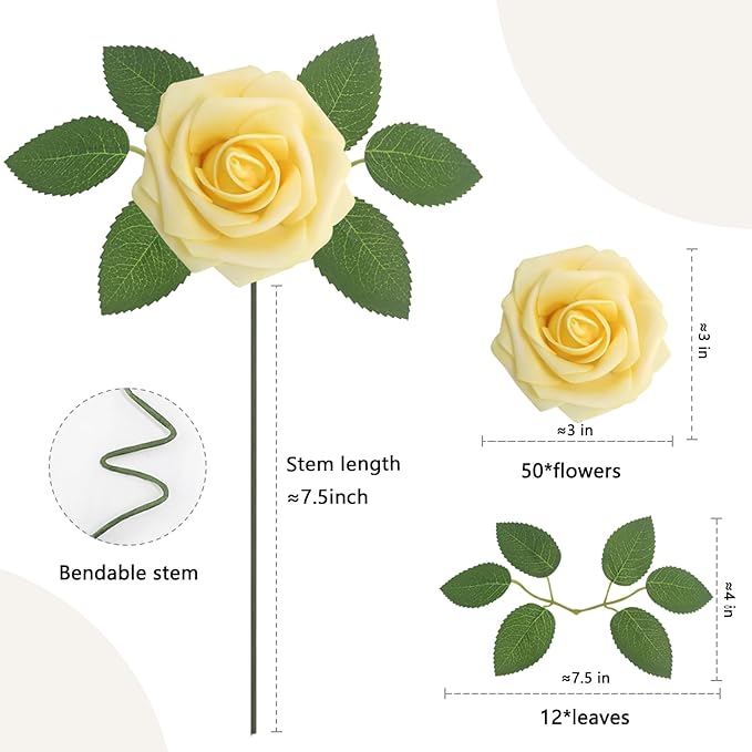 Artificial Flowers Creamy Yellow Roses 50Pcs Real Looking Foam Fake Roses with Leaves for DIY Wedding Bouquets Bridal Shower Party Decorations (Creamy Yellow, 50)