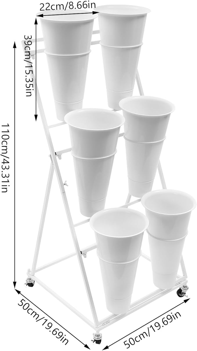 3-Tier Flower Display Stand with 6 Water Buckets – White Iron & PP Plant Rack with 4 Wheels (Brakes) – Floor Standing Flower Organizer for Florist, Wedding, Garden