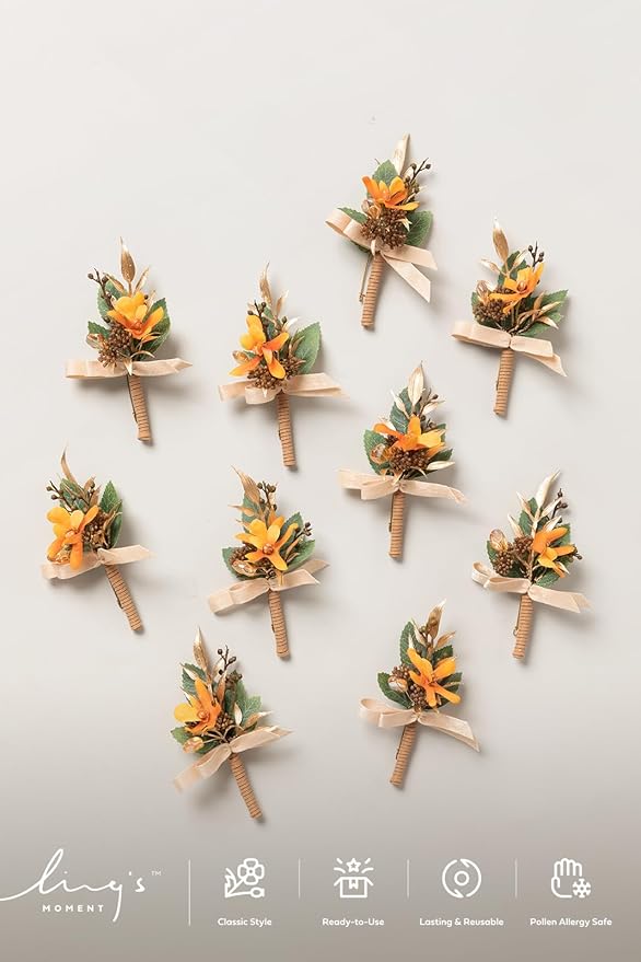 Ling's Moment Boutonniere for Men, 10pcs Groomsmen Guest Boutonniere, Artificial Flowers for Wedding Décor/Prom/Homecoming,etc.Burnt Orange Terracotta