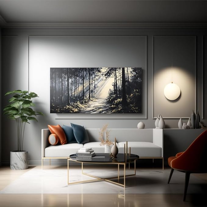 LAVIKARS Rustic Sunlight Forest Wall Art for Living Room Office Black and White Modern Landscape Canvas Painting Prints Large Nature Artwork Home Kitchen Bedroom Decor (23x46 Inches)