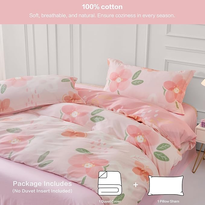 SAPHREAS Pink Floral Duvet Cover Set 2pcs Twin Size Botanical Bedding Comforter Cover Set 100% Cotton 1 Duvet Cover 68"x90" 1 Pillow Sham, Comforter Not Included