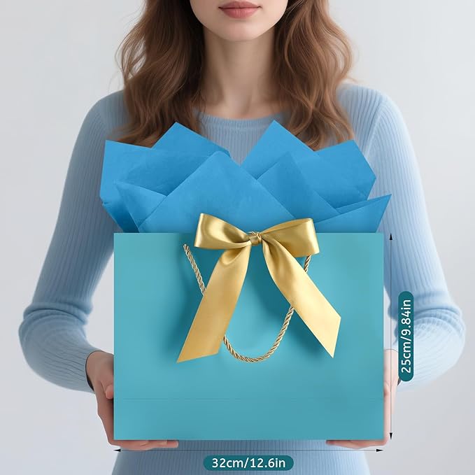 JMANNI 1PCS Large Gift Bag with Ribbon and 1 Greeting Card 2 Tissue Papers, Portable Paper Gift Bag with Handles, Birthday Gift Bags,Present Bags for Wedding Party,Mothers Day12.6" x 9.8" x 3.9"(Bule