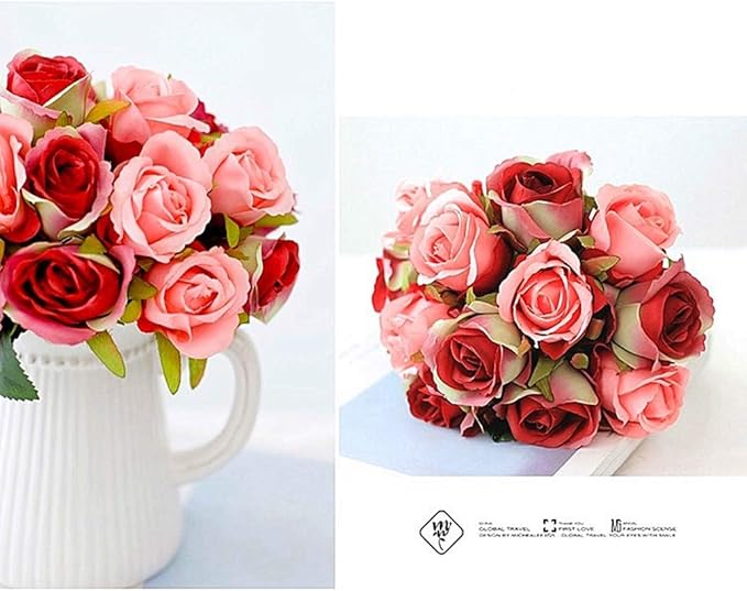 Jasion Artificial Roses Flowers 12 Heads Arrangement Silk Bouquet for Home Office Parties Bridal and Wedding Decoration (Red with Pink)