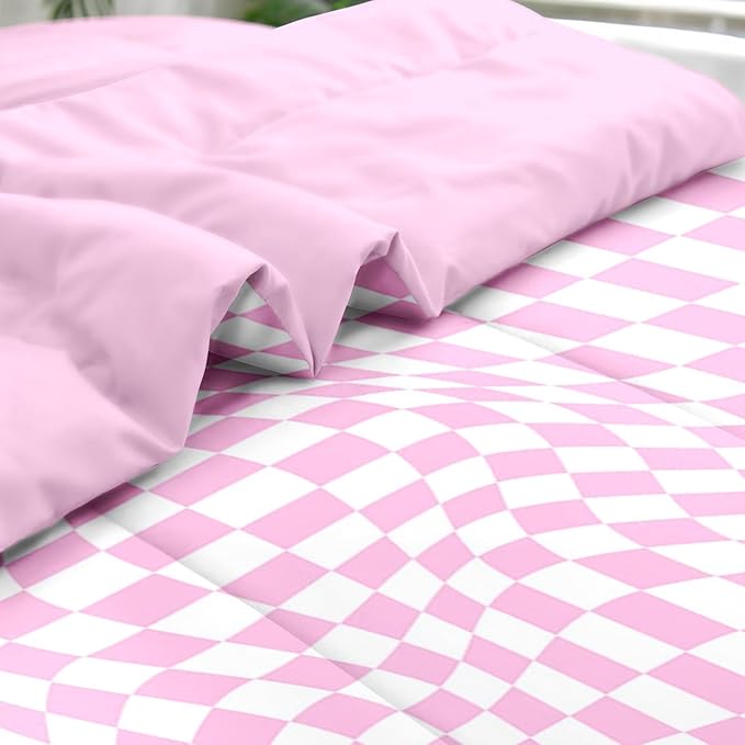 Comforter Set King Size, Pink White Geometric Checkerboard 7 Pcs Bedding for Kids and Adults, Chess Checkered Bedding Sets with Fitted Sheet 2 Pillowcase & 2 Sham for Bedroom Bed Decor
