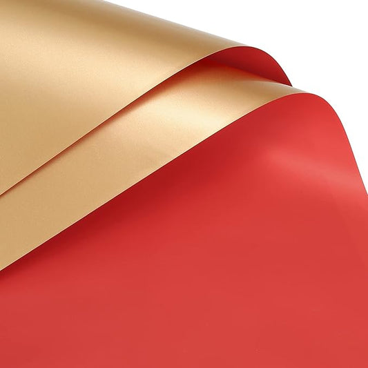 MECCANIXITY 20 Pcs Double Sided Color Flower Wrapping Paper Red+Gold 22.8"x22.8" Waterproof for Florist Bouquet Supplies, DIY Crafts, Gift Box Packaging