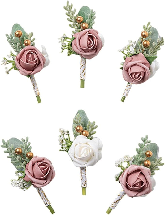 Meldel Pink Boutonniere for Men Wedding,Set of 6,Dusty Rose Groom Groomsmen Boutonniere for Wedding,Prom,Homecoming,Party,etc.