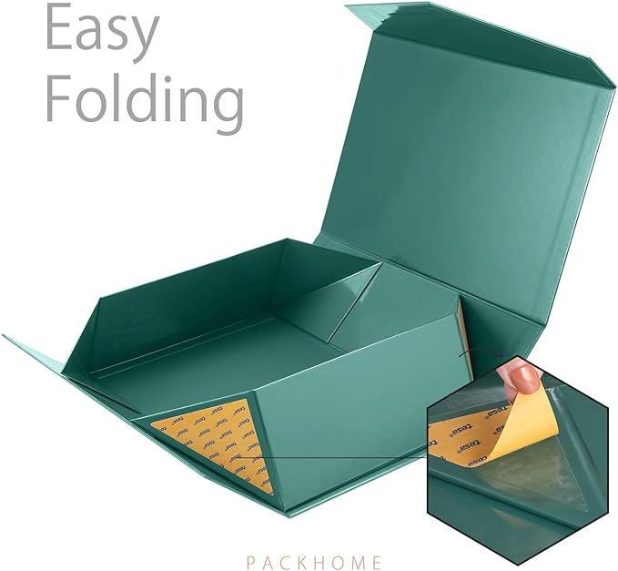 PACKHOME 6 Large Christmas Gift Boxes with Lids 13.5x9x4.1 Inches, Sturdy Collapsible Gift Boxes with Magnetic Closure for Xmas (Glossy Dark Green)