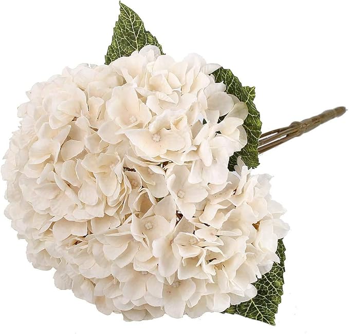 2Bouquets Artificial Fake Flowers Plants Silk Hydrangea Arrangements Wedding Bouquets Decorations Plastic Floral Home Kitchen Garden Party Festival Bar DIY (Ivory White, 5 Flower Heads)