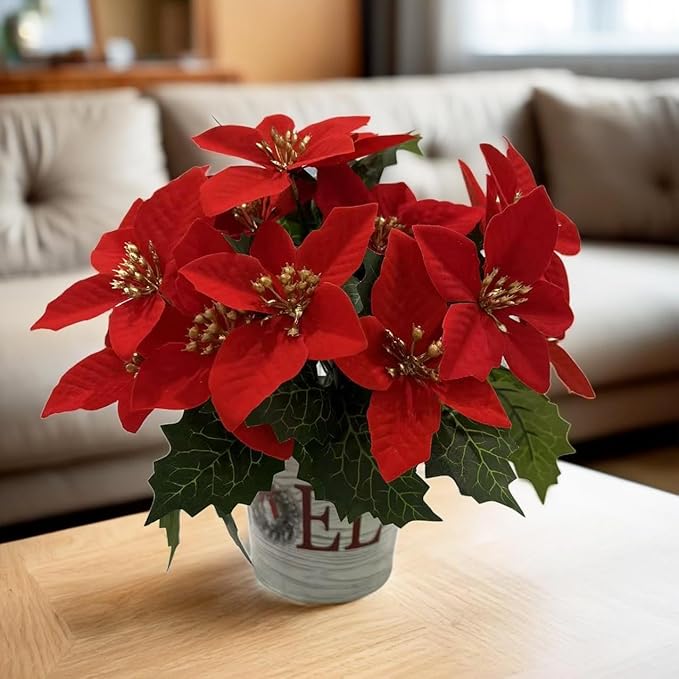 6 Pack Red Christmas Artificial Poinsettia Flowers Faux Poinsettia Bush Bouquets Silk Poinsettia Christmas Tree Ornaments Poinsettia Flower Arrangement for Home Decor
