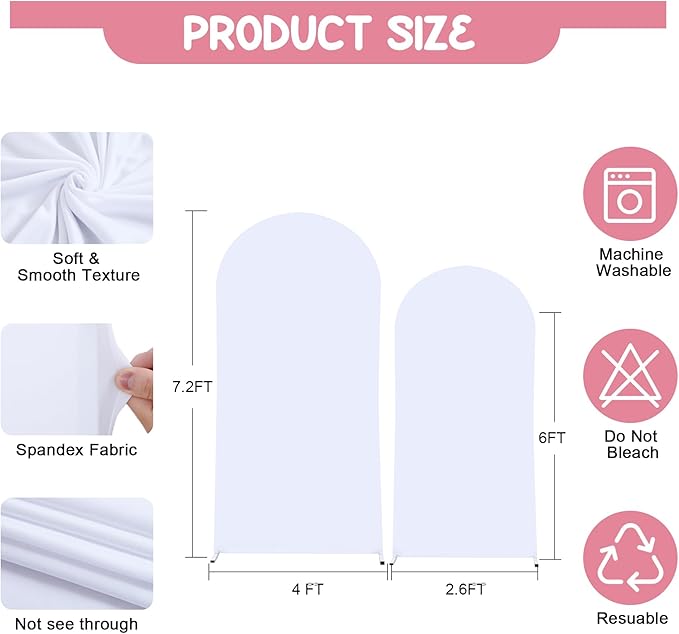 White Arch Backdrop Covers - 7.2FT, 6FT Spandex Fitted Wedding Arch Stand Covers Round Top Chiara Stretchy Arch Backdrop Cover for Christmas Wedding Birthday Party Decoration
