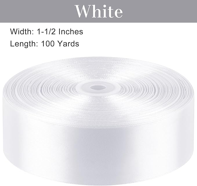 1-1/2 Inches 100 Yards White Satin Ribbon, Solid Fabric Ribbon Roll for Flower Bouquets, Gift Wrapping, Wedding, Handmade Crafts