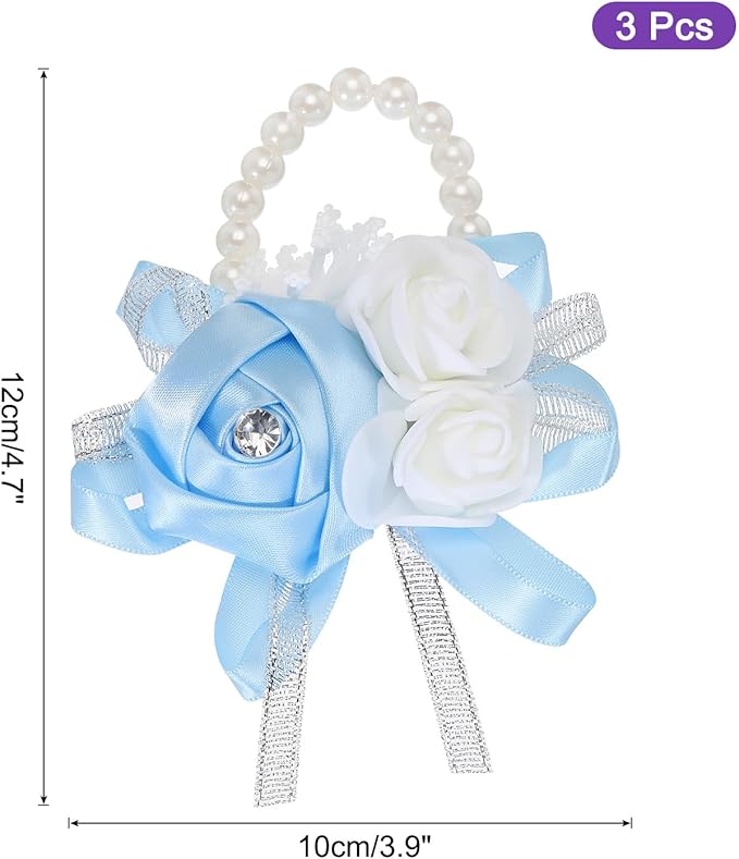 MECCANIXITY 3Pcs Wrist Corsage Artificial Flower Bracelets Rose Wrist Bride Groom Decorative for Wedding Ceremony Prom Party Anniversary Sky Blue