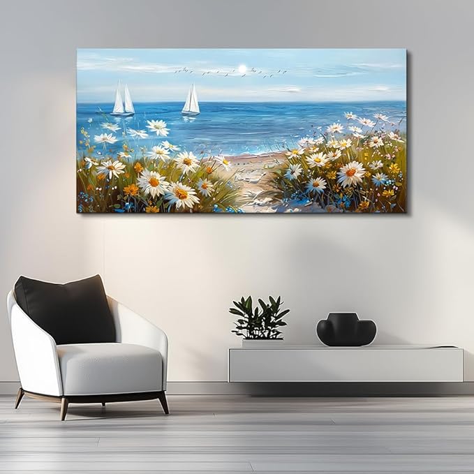PHAOHUAXM Large Blue Ocean Landscape Canvas Printing Picture Wall Art For Living Room Farmhouse Dinin Mural White Flowers Bedroom Office Wall Decor Home Decor Painting Easy To Hang 30x60 Inches