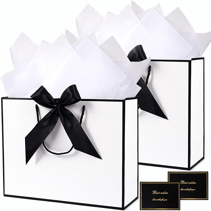 White Gift Bags 13 x 10 x 4’’, Portable Gift Bag Set with Tissue Paper and Greeting Cards, 2 PCS Gift Bags with Handles Ribbon for Women Men, Paper Present Bags for Birthday Party Wedding Christmas