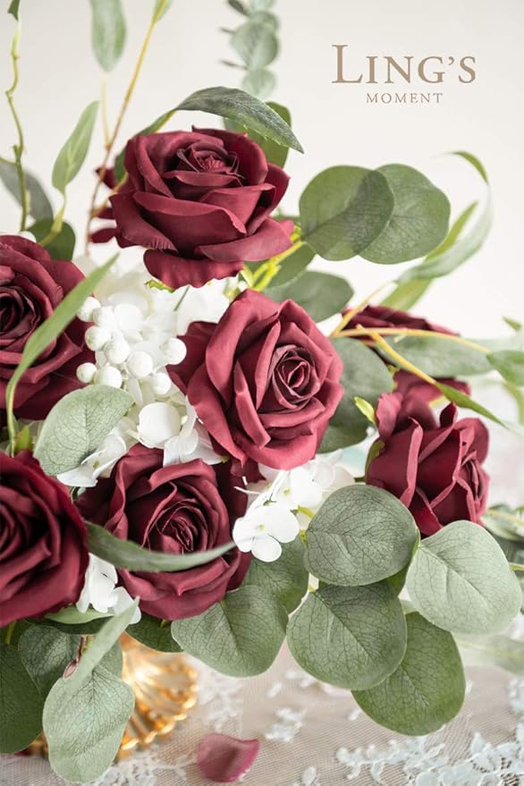 Ling's moment Artificial Burgundy Flowers, 16pcs Faux Silk Roses with Stems, 3.5" Fake Wine Red Flowers Bulk for DIY Wedding Bouquets Centerpieces Party Baby Shower Home Decoration