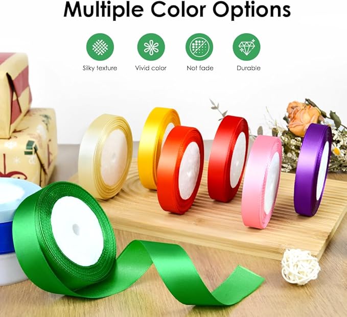 25 Yards 5/8 inch Satin Ribbon, Solid Color Fabric Ribbon Perfect for Gift Wrapping, Wedding, Handmade Bows, Floral Bouquets and Party Decoration(Green)