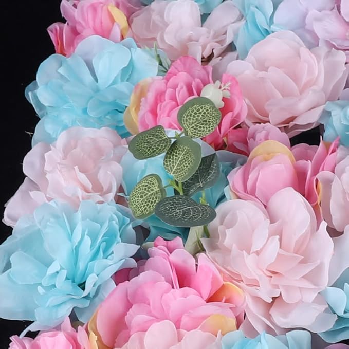 12PCS Flower Wall Panels, 3D Silk Floral Wall Backdrop, Realistic Blue Pink Eucalyptus and Dahlias Flower Backplanes, Roll Up Fake Flower Background for Valentines Wedding Party Home Decoration