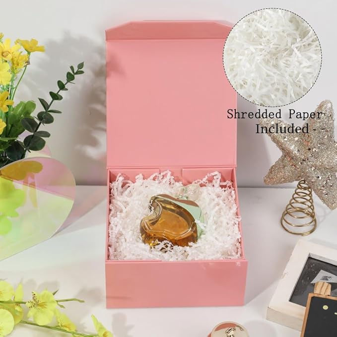 6 Pcs Small Pink Gift Box 6x6x3 Inch Magnetic Gift Box Small Magnetic Box with Crinkle Paper Pink Small Gift Box with Shredded Paper Luxury Gift Boxes with Lids for Presents