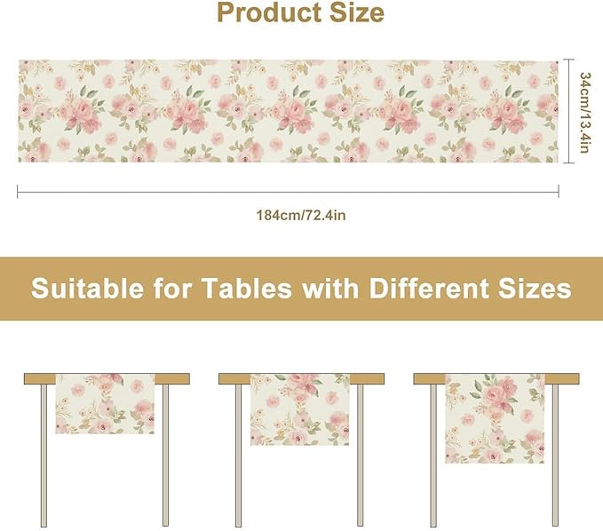 Vintage Rose Table Runner, Watercolor Romantic Pink Floral Blossoms Table Runner for Kitchen Dining Holiday Party Home Decor, 13x60 Inch