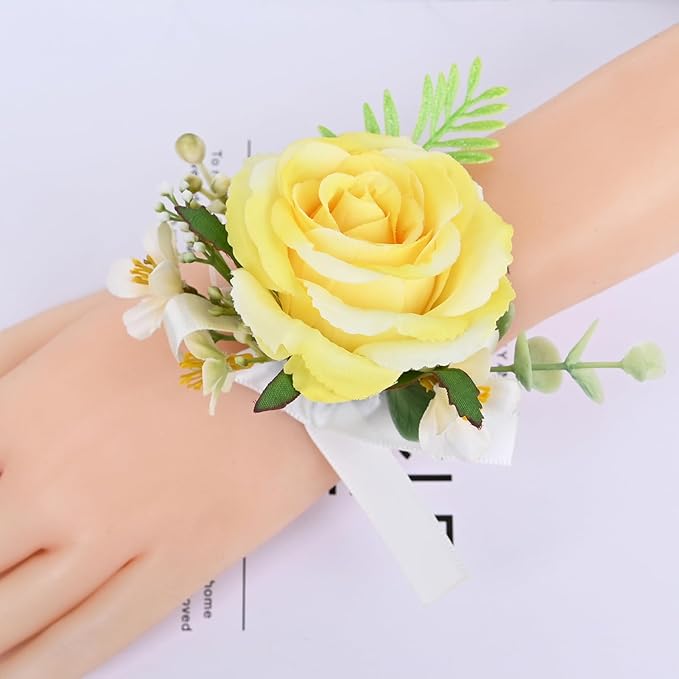 MAFELOE 2 Pieces Artificial Flower Wrist Corsage and Boutonniere Set, Groom Groomsmen Bride Bridesmaids Wedding Accessories Prom Party Suit Decorations - Yellow
