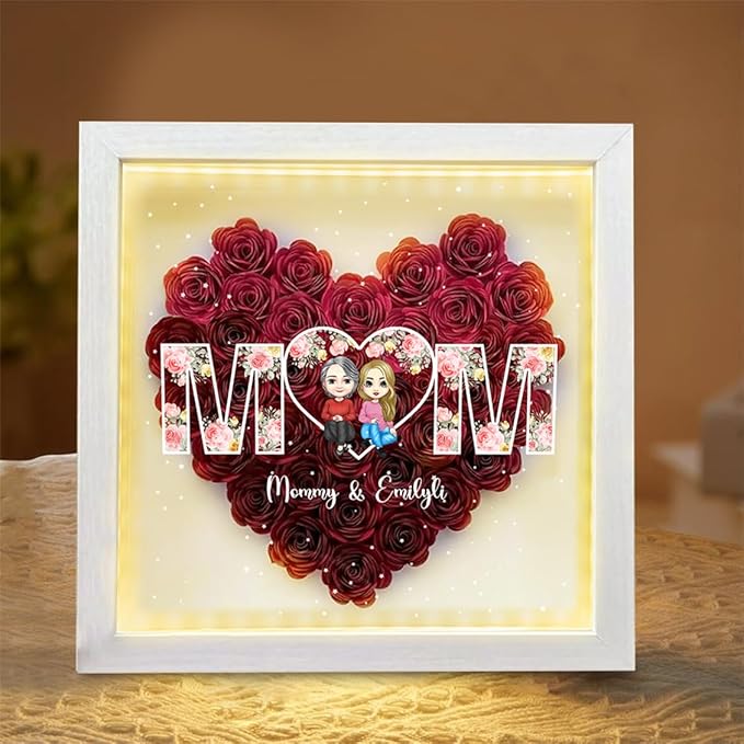 Personalized Mom Flower Shadow Box with LED Light Custom Heart Shaped Rose Flower Shadow Box Frame Mother's Day Mother and Daughter Portrait Shadowbox Memory Gifts for Mom from Daughter Birthday