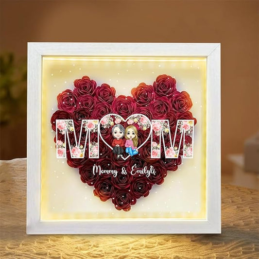 Personalized Mom Flower Shadow Box with LED Light Custom Heart Shaped Rose Flower Shadow Box Frame Mother's Day Mother and Daughter Portrait Shadowbox Memory Gifts for Mom from Daughter Birthday