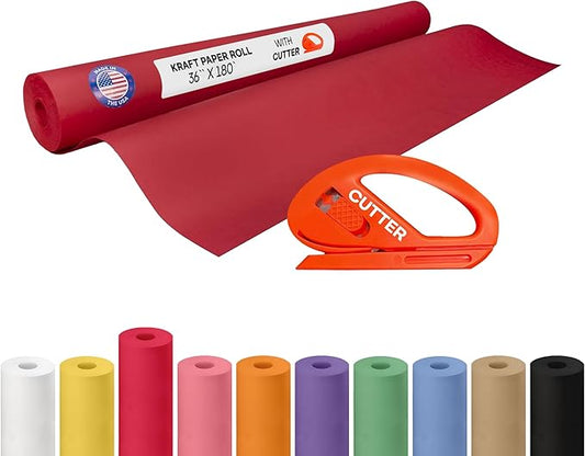 Christmas Red Kraft Paper Roll 36" x 2160" (180 feet) with Cutter - USA-Made Wrapping Paper for Packing, Moving, Shipping & Crafts/Arts - 100% Recyclable Natural Craft Material by IDL Packaging