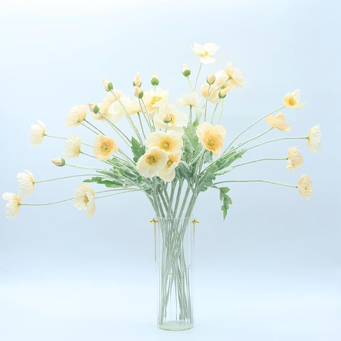 2 Pcs Artificial Fake Flowers Poppies Silk Flower Arrangements Wedding Bouquets Decorations Plastic Floral Table Centerpieces for Home Kitchen Garden Party Decor Approx 23.6" High - Light Champagne